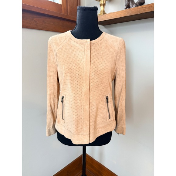 ecru Jackets & Blazers - Ecru Perforated Tan Suede Bomber Jacket Women's Size Medium‎ Zip Pockets